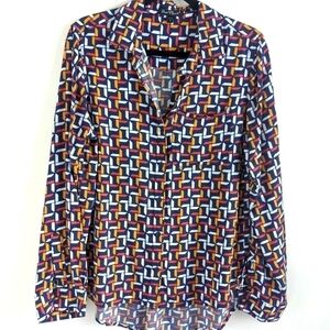 VELVET Heart Geometric Print Button Down Blouse Blue and Orange M